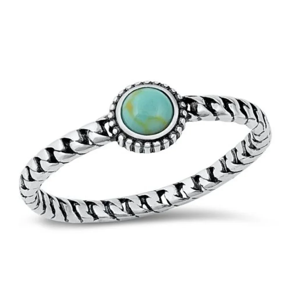 Sterling Silver 925 Dainty Minimalist Round Turquoise Twisted Band Ring Sz 5.25